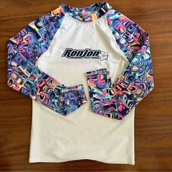 Ron Jon surf shop beach girls neon hibiscus long sleeve rash guard Sz L - Picture 1 of 5